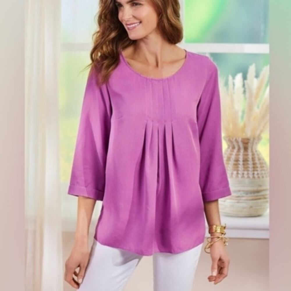 NWT Soft Surroundings Cusabo‎ Tencel Pintuck Blouse Iris Orchid Purple Large